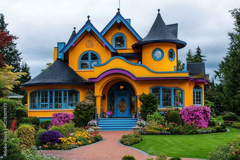 Fototapeta premium A very neat and colorful home with gorgeous outdoor landscape in suburbs of