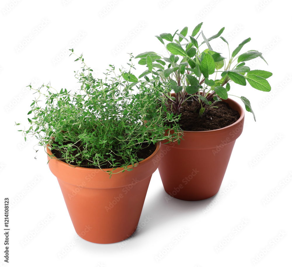 Aromatic herbs in pots isolated on white Aromatic herbs in pots isolated on white