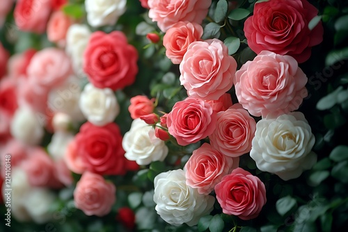Close-up of many pink, red, and white roses.