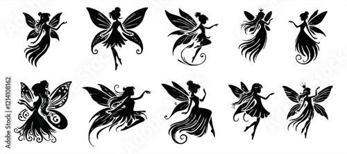 Fairy silhouettes. Funny fairies in different poses. Little creatures with wings. Mythical fairy tale characters in cute dresses. Beautiful fairies