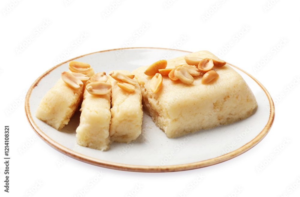 Delicious sweet semolina halva with peanuts isolated on white Delicious sweet semolina halva with peanuts isolated on white