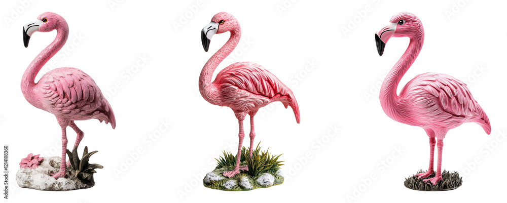 Fototapeta premium Three pink flamingo figurines isolated on a transparent background