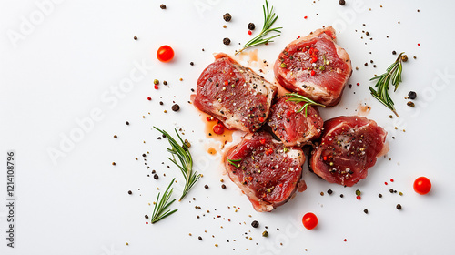 fresh goat  meat  , tomato and rosemary isolated on white background photo