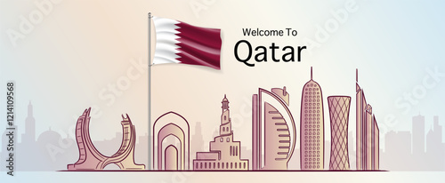 welcome to Qatar flag with famous buildings Qatar landmarks building landmark