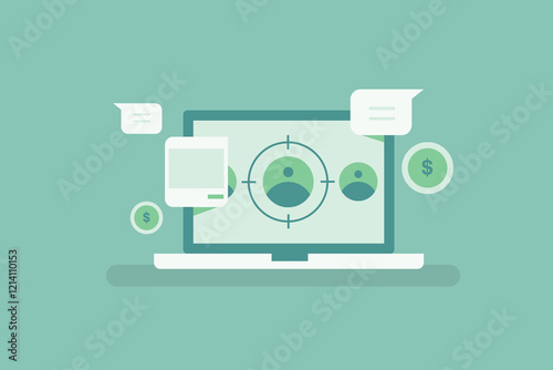 Message Ad campaign, Send message ad campaign, Audience targeting, Social media message ads. Vector illustration concept.