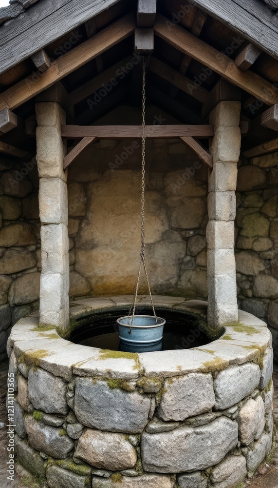 Old stone water well with a metal bucket suspended by a chain ready to be used Old stone water well with a metal bucket suspended by a chain ready to be used