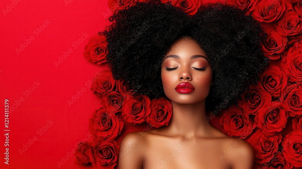 Fototapeta premium Organic haircare for beautiful styling . Woman with curly hair surrounded by red roses on a vibrant background.