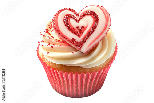 Chocolate cupcake with heart shaped design, pink and white frosting, glitter sprinkles isolated on white transparent background. Concept of love and Valentine's Day desserts