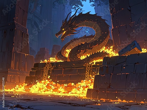 A fearsome dragon rests atop a massive hoard of glowing gold coins and treasure in a dimly lit cavernous hall. The warm glow of the treasure illuminates the stone architecture, creating a dramatic and
