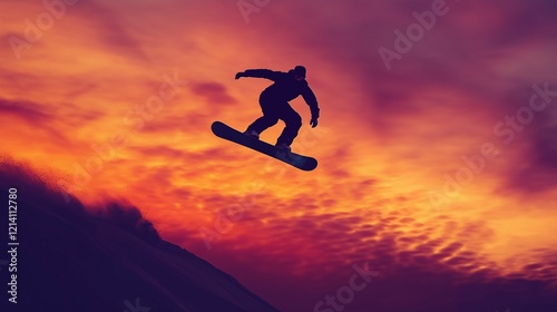 Wallpaper Mural A snowboarder caught mid-air during a jump, silhouetted against a dramatic orange and purple sunset, their trail blending with the soft, textured clouds Torontodigital.ca