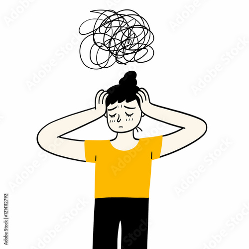Hand drawing vector illustration, Sad young girl having restless stressed expression on face and crying of stress. Obsessive compulsive, anxiety disorder concept