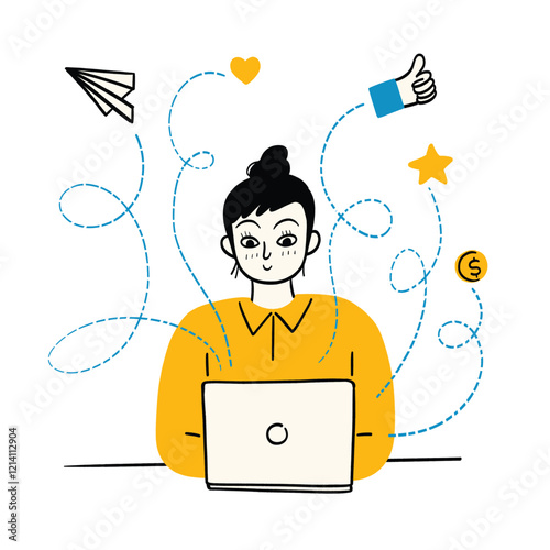 Beautiful girl is using computer, checking messages, emails, social media. Hand drawing vector illustration.