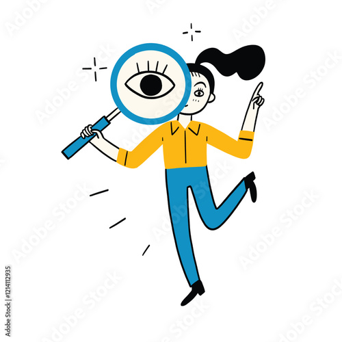 Search Concept, Young girl holding magnifying glass in hand and looking far away. Hand drawing vector illustration.