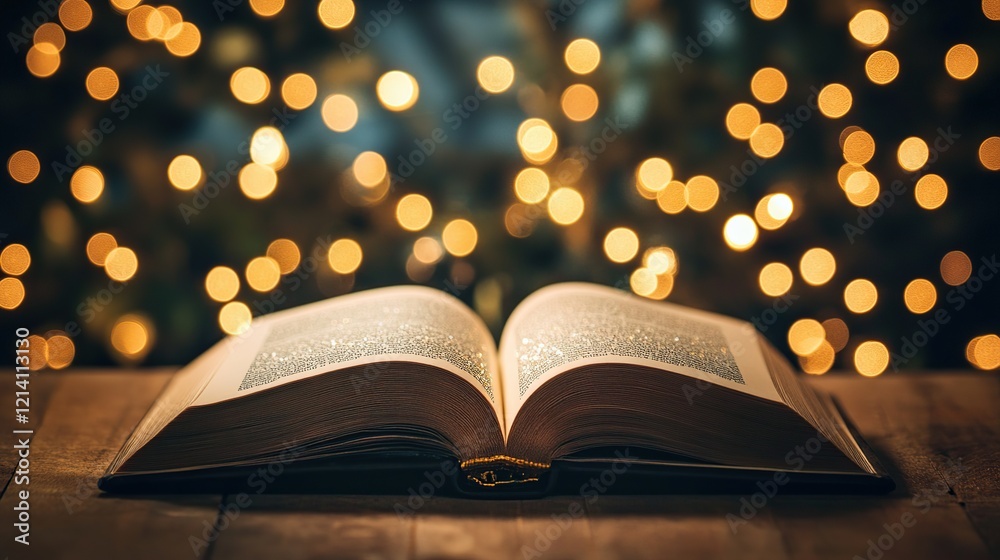 Open book on wooden table with bokeh lights. Open book on wooden table with bokeh lights.