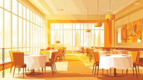 Sunlit city view restaurant interior; tables set for dining; background cityscape; perfect for hospitality marketing photo