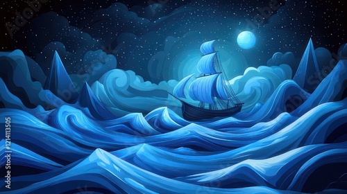 Midnight Voyage: A lone sailing ship navigates a sea of swirling, sapphire waves under a full moon and starlit sky, evoking a sense of mystery and adventure. 