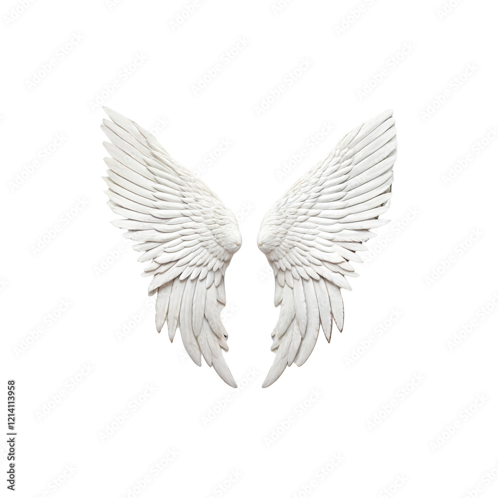 Fototapeta premium Ethereal Wings: Delicate, sculpted white wings, evoking a sense of grace and serenity, stand out, symbolizing freedom and aspiration.