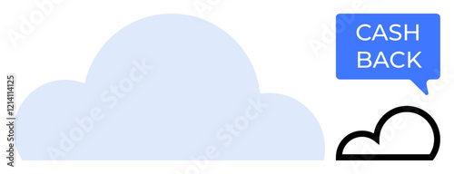 Blue cloud fills center, CASH BACK text in blue speech bubble upper right, minimalist black outline cloud below speech bubble. Ideal for finance, savings, e-commerce, rewards, benefits, discounts