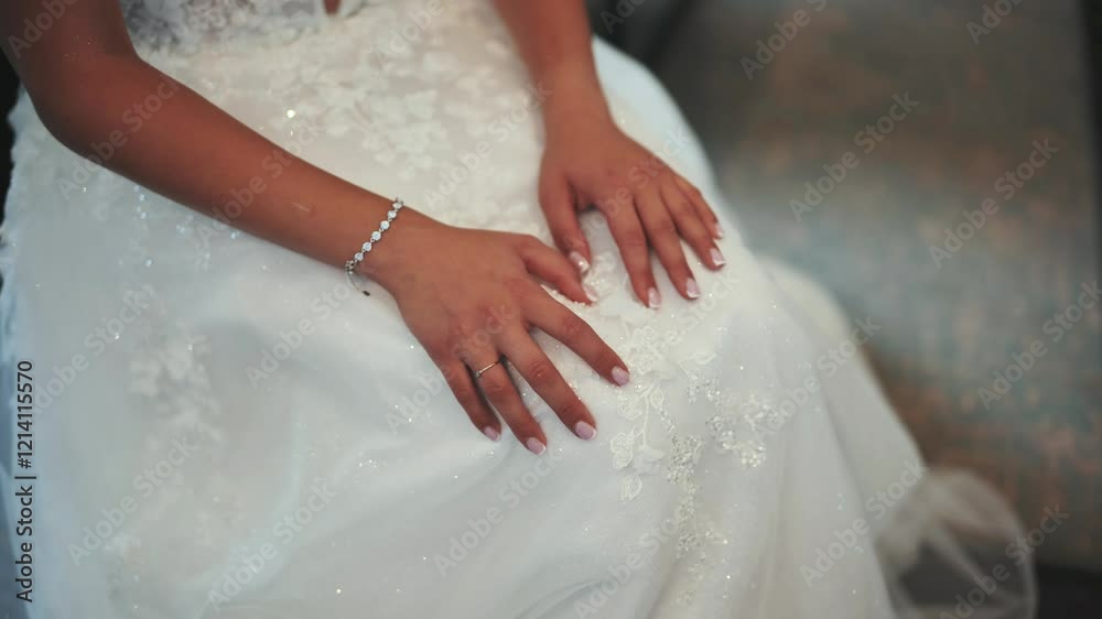 Wedding dress details catching bride's delicate, manicured hands, highlighting intimate moment before ceremony begins Wedding dress details catching bride's delicate, manicured hands, highlighting intimate moment before ceremony begins