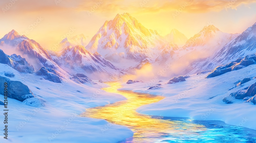 Obraz premium golden river, snowy mountains, winter sunset - dreamy/surreal lands.