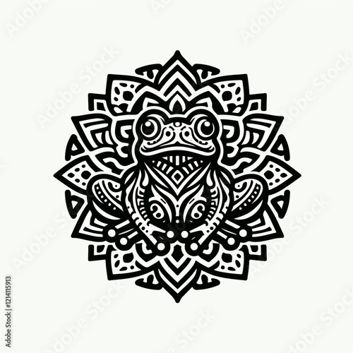 Mandala Frog: Ornate Frog in Mandala Design: A detailed black and white illustration of a frog sitting serenely within an intricate mandala pattern.  The design is perfect for coloring books, tattoos.