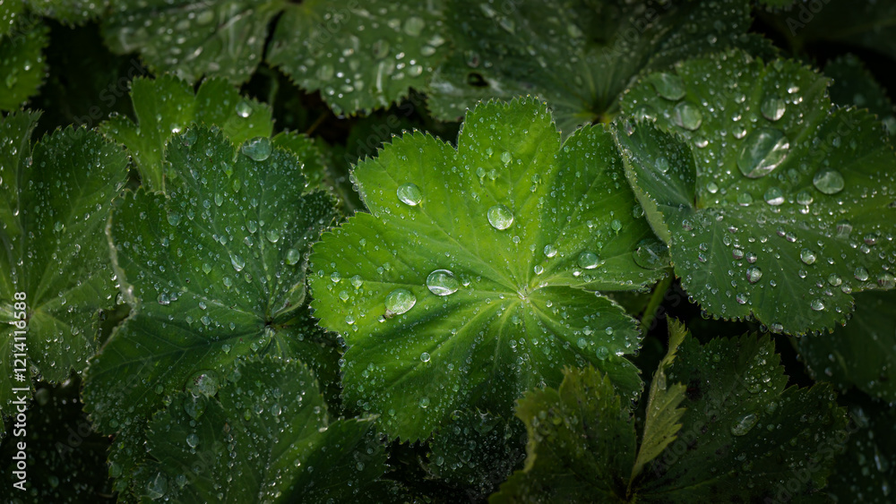 Fresh Green Leaves Covered in Dew Drops in Natural Light Fresh Green Leaves Covered in Dew Drops in Natural Light