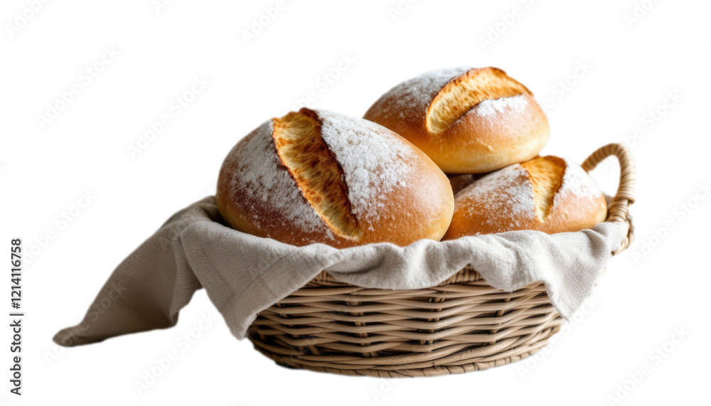 Three freshly baked round bread rolls dusted with flour in a wicker basket Three freshly baked round bread rolls dusted with flour in a wicker basket