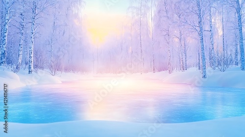 enchanting frozen lake winter birch forest - pastel color palettes photo