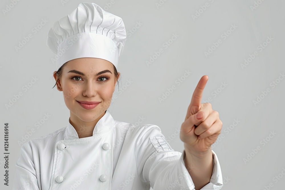 High Detail Visual of Front View Female Chef in Cook Hat Pointing Finger Something High Detail Visual of Front View Female Chef in Cook Hat Pointing Finger Something