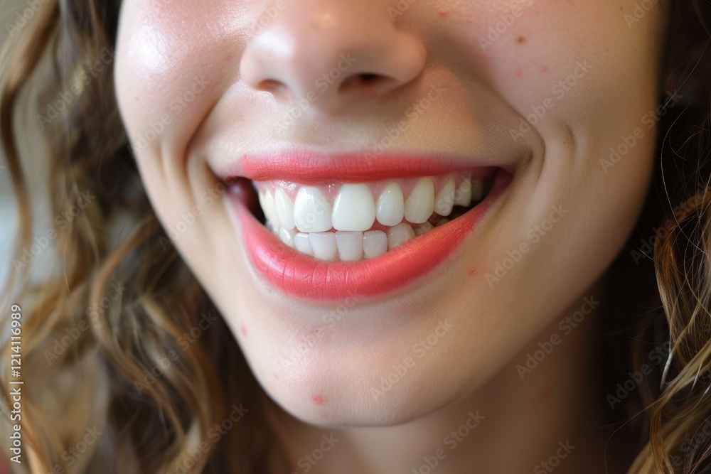 Closeup of a young woman with coral lipstick smiling and showing her perfect white teeth Closeup of a young woman with coral lipstick smiling and showing her perfect white teeth