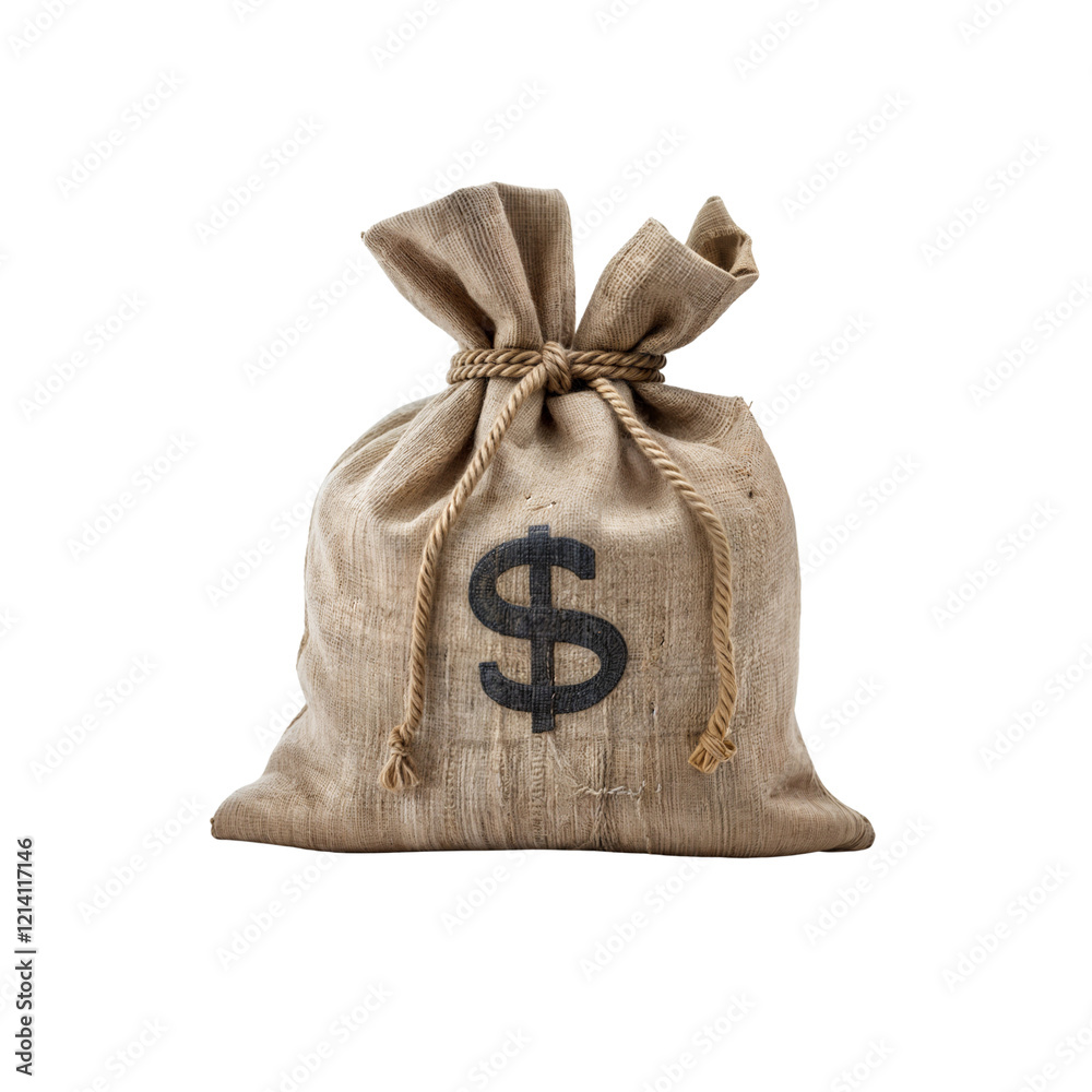 Money Bag: A burlap money bag tied with rope, displaying a prominent dollar sign, symbolizes wealth, finance, and investment. Money Bag: A burlap money bag tied with rope, displaying a prominent dollar sign, symbolizes wealth, finance, and investment.