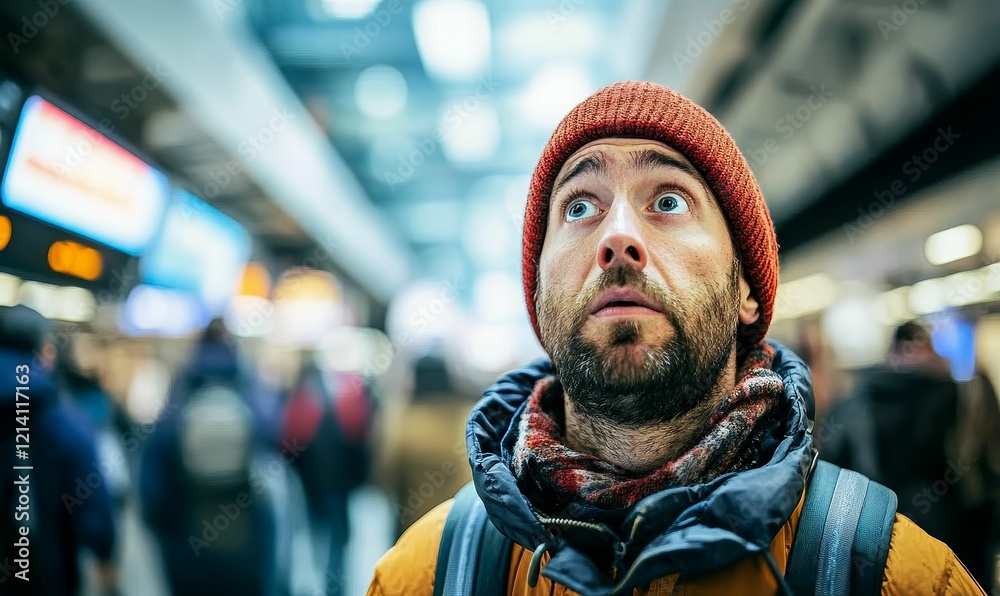 Bearded man looks up, surprised, in a public space. Bearded man looks up, surprised, in a public space.