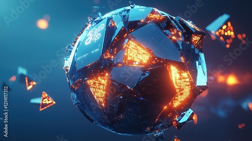 A crystalline globe split into glowing angular fragments with data-like symbols etched into the surfaces