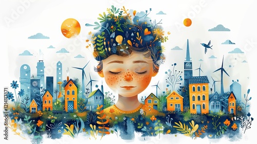 A child’s drawing of a windmill inspires a whole town to adopt renewable energy in this flat design illustration