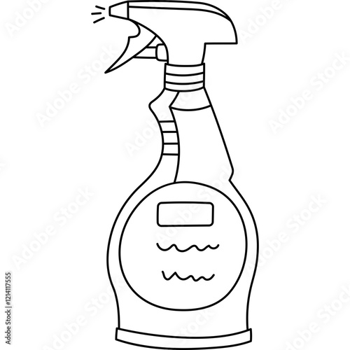 Cute doodle cleaning spray bottle to wash windows, bathroom plumbing, toilet. Hand drawn dispenser bottle to sanitize and spraying detergent agent. Funny outline sketch isolated on white background.