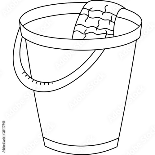 Cute outline plastic bucket with rag in it for washing floor and cleanse apartment. Hand drawn doodle pail with cloth for wet cleaning. Funny equipment from dust, dirt isolated on white background