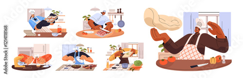 Culinary set. Professional chefs cook food in restaurant kitchen. People cooking meals, make pizza, frying, cut, bake pastry. Characters prepare eating. Flat isolated vector illustration on white