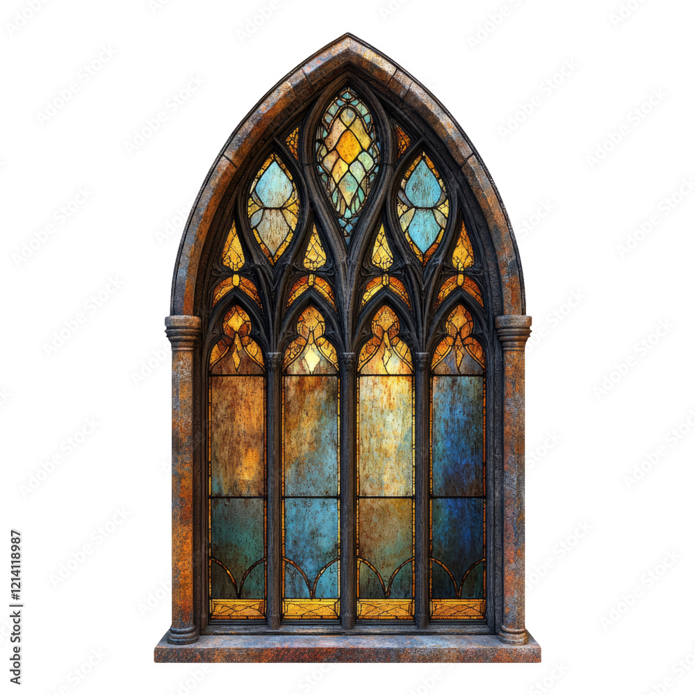 Fototapeta premium Gothic-style stained glass window with intricate designs and vibrant colors