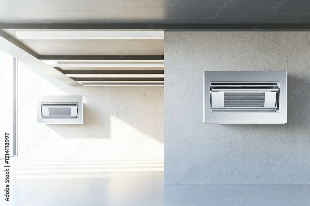 Modern indoor space featuring wall-mounted air conditioning units in bright environment Modern indoor space featuring wall-mounted air conditioning units in bright environment