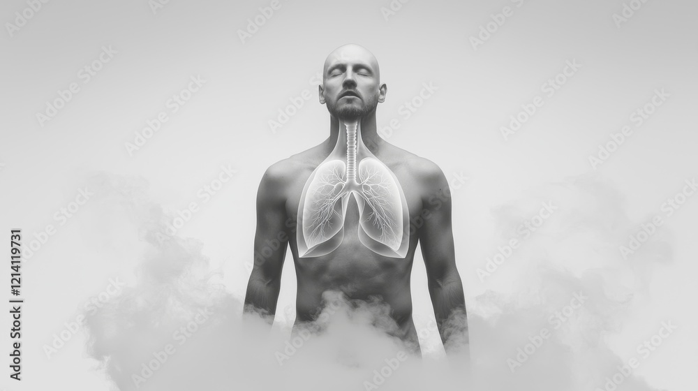 Radiant Silhouette of a Human with Clean Lungs Emerging from Ethereal Clouds Radiant Silhouette of a Human with Clean Lungs Emerging from Ethereal Clouds