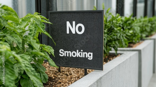 Rooftop Garden in Bustling City with No Smoking Sign Surrounded by Greenery photo