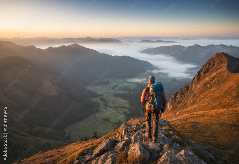 Obraz premium Sunrise Hiker on Mountaintop with Panoramic Valley View, Stunning Landscape Photography