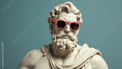 Sculpture of a mythological figure sporting stylish sunglasses and a commanding presence photo