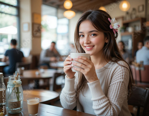  a women drinking coffee in café 