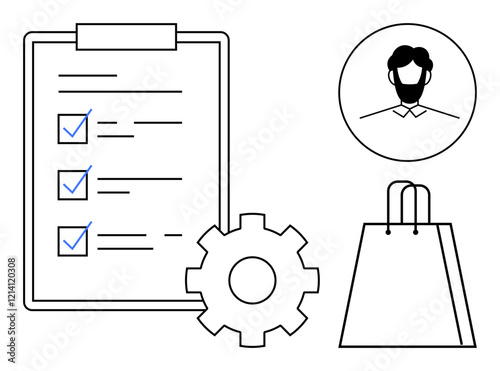 Clipboard with checklist, gear symbol, shopping bag, and male user profile icon. Ideal for business strategy, project management, e-commerce, task completion, user identification shopping