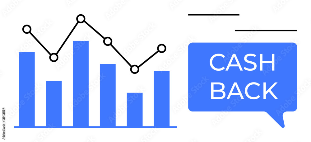 Bar chart with line graph overlay indicating financial growth, next to a speech bubble stating Cash Back. Ideal for business performance, financial analysis, cash back, investments, economic growth