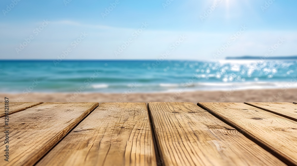 Fototapeta premium Wooden planks overlooking a summer beach scene