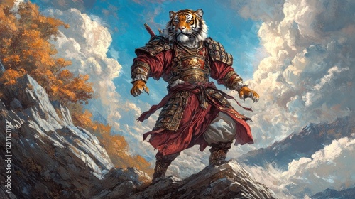 A tiger depicted as a fierce warrior in traditional Chinese armor, standing atop a rocky cliff, bold colors and intricate details, epic and majestic