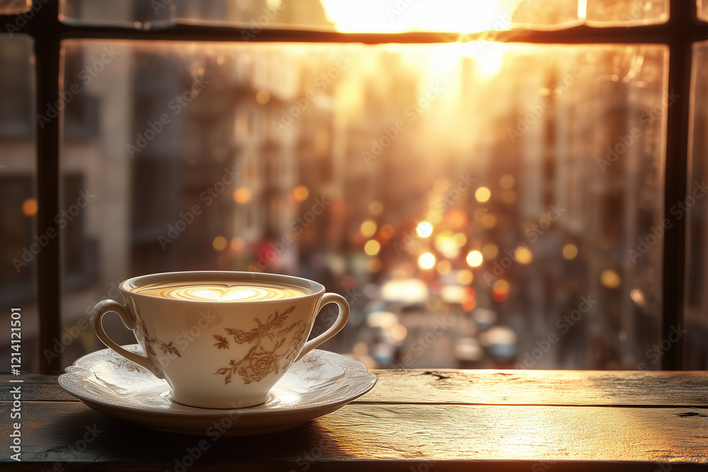 Obraz premium A cup of coffee or tea on a bustling cityscape outdoors.