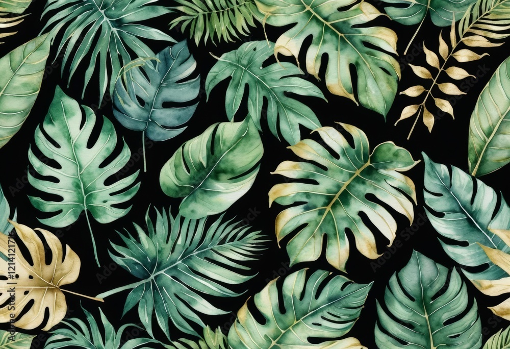 Watercolor Tropical Leaves Seamless Pattern: Exotic Monstera, Palm, and Fern Foliage on Black Background Watercolor Tropical Leaves Seamless Pattern: Exotic Monstera, Palm, and Fern Foliage on Black Background